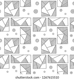 Seamless vector pattern. Black and white geometrical hand drawn background with rectangles, squares, triangles, dots. Print for wallpaper, packaging, wrapping, fabric. Line drawing, graphic design