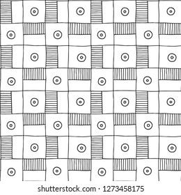 Seamless vector pattern. Black and white geometrical hand drawn background with figures, squares, circle, dots, lines. Print for background, wallpaper, packaging, wrapping, fabric.