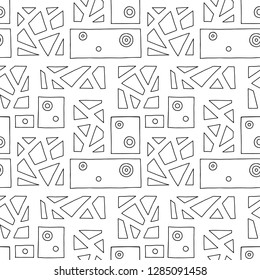 Seamless vector pattern. Black and white geometrical hand drawn background with rectangles, squares, triangles, dots. Print for wallpaper, packaging, wrapping, fabric. Line drawing, graphic design