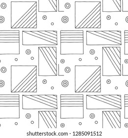 Seamless vector pattern. Black and white geometrical hand drawn background with rectangles, squares, dots. Print for decorative wallpaper, packaging, wrapping, fabric. Line drawing, graphic design