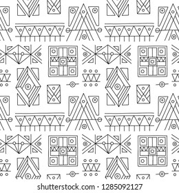 Seamless vector pattern. Black and white geometrical hand drawn background with etnic elements. Print for background, wallpaper, packaging, wrapping, fabric. Tribal grafhic design