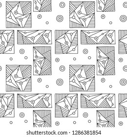 Seamless vector pattern. Black and white geometrical hand drawn background with rectangles, squares, lines. Print for background, wallpaper, packaging, wrapping, fabric.