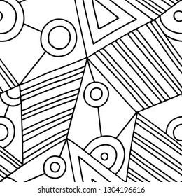 Seamless vector pattern, black and white lined asymmetric geometric background with rhombus, triangles. Print for decor, wallpaper, packaging, wrapping, fabric. Abstract graphic design. Line drawing