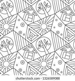 Seamless vector pattern, black and white asymmetric geometric background with house, tree, sun, rhombus. Print for decor, wallpaper, packaging, wrapping, fabric. Abstract graphic design. Line drawing