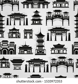 Seamless vector pattern with black and white Chinese traditional buildings on a light gray background.