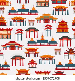 Seamless vector pattern with black and white Chinese traditional buildings on a  white background