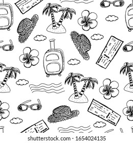 Seamless vector pattern of black and white summer and travel doodle elements. Hand draw objects of beach vacation. Palms, suitcase, ticket, sun hat, cloud  icons.