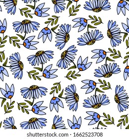 Seamless vector Pattern black and white doodle outline hand-drawn daisy flowers and bell snowdrop, for wallpaper design, greeting card background, textile wrapping paper. 