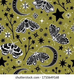 seamless vector pattern. black white butterflies and stars. for textiles, office, wallpaper