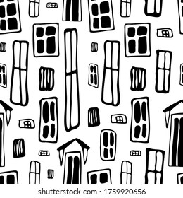 Seamless vector pattern black and white illustration of house lined cartoon windows in the city. Perfect for backgrounds, cards, decorations, web design, surfaces, textile design, wrapping paper