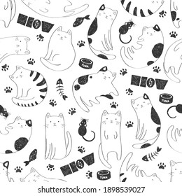 Patrón vectorial sin foco con gatos lindos negros y blancos, huesos de pescado, garras de gato, comida para mascotas con fondo blanco. Diseño de amante del gato para impresión, tela, tarjeta, papel pintado, embalaje