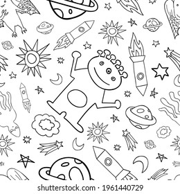 Seamless vector pattern black and white design of outer space with lined aliens, rockets, stars and planets. The design is perfect for packaging, wallpaper, wrapping paper, decorations