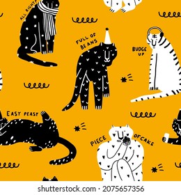 seamless vector pattern - black and white tigers on a yellow background. Celebrating new year and christmas. Hand drawn black and white striped tigers in festive caps. Social media wallpaper for 2022