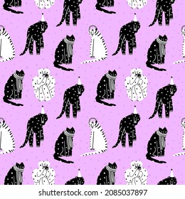 seamless vector pattern - black and white tigers on a pink background. Celebrating new year and christmas. Hand drawn black and white striped tigers in festive caps. Social media wallpaper for 2022