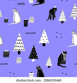 seamless vector pattern - black and white tigers on a blue background. Celebrating new year and christmas. Hand drawn scandinavian striped tigers in festive caps. Social media wallpaper for 2022