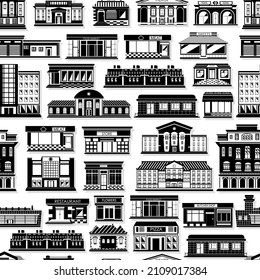 Seamless vector pattern with black and white buildings on a light background. Vector background. City buildings