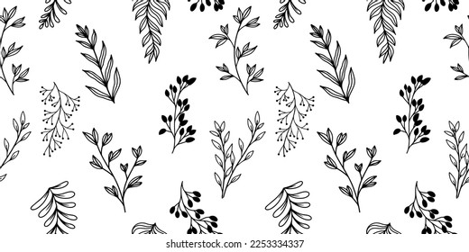 Seamless vector pattern in black and white with wild flowers, branches and leaves for print, design, wrapping paper, covers and wallpapers