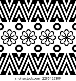 Seamless vector pattern. Black and white geometrical background with hand drawn decorative elements. Print with ethnic, folk, traditional motifs. Graphic vector illustration.