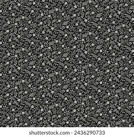 seamless vector pattern of a black and white millefleurs design, vintage textile print, romantic mood
