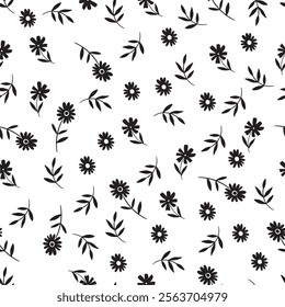 Seamless vector pattern of black and white floral graphics made on a clear light background. Floral print with leaves and small flowers. It is ideal for fabric design, wallpaper and other decorative