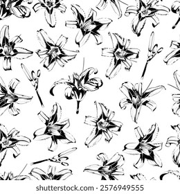 Seamless vector pattern of black and white lilies on white background