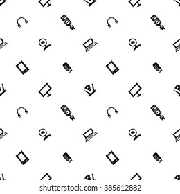 Seamless vector pattern, black and white background with monitor, notebook, router, usb and microphone. Hand sketch drawing. Imitation of ink pencilling. Series of Hand Drawn and Technology Patterns.