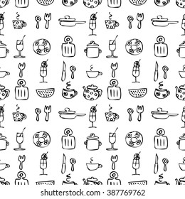 Seamless vector pattern. Black and white hand sketch drawn background with kitchenware. Series of Hand Drawn Seamless Patterns. 