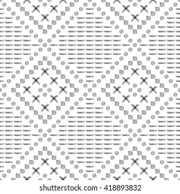 Seamless vector pattern. Black and white geometrical background with hand drawn circles, cross and lines. Simple design. 