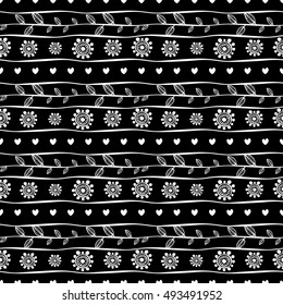 Seamless vector pattern. Black and white hand drawn endless background with ornamental decorative elements with ethnic, traditional motives. Series of Hand Drawn Ornamental Seamless vector Patterns