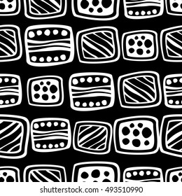Seamless vector pattern. Black and white hand drawn endless background with ornamental decorative elements with ethnic, traditional motives. Series of Hand Drawn Ornamental Seamless vector Patterns