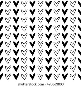 Seamless vector pattern. Black and white geometrical background with hand drawn little hearts. Simple design. Graphic vector illustration. Series of Hand Drawn Simple Geometrical Patterns.