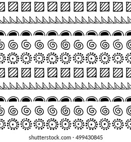 Seamless vector pattern. Black and white geometrical background with hand drawn little decorative elements. Print with ethnic, folk, traditional motifs. Graphic vector illustration. 
