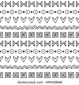 Seamless vector pattern. Black and white geometrical background with hand drawn little decorative elements. Print with ethnic, folk, traditional motifs. Graphic vector illustration. 
