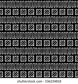 Seamless vector pattern. Black and white geometrical background with hand drawn little decorative elements.Simple design. Graphic vector illustration Template for wrapping, background wallpaper cover