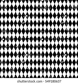 Seamless vector pattern. Black and white geometric checkered background with rhombus. Grunge texture with attrition, cracks. Old style vintage design. Graphic illustration..
