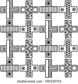 Seamless vector pattern. Black and white geometrical background with hand drawn decorative tribal elements. Print with ethnic, folk, traditional motifs. Graphic vector illustration