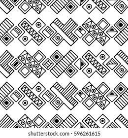 Seamless vector pattern. Black and white geometrical background with hand drawn decorative tribal elements. Print with ethnic, folk, traditional motifs. Graphic vector illustration.