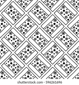 Seamless vector pattern. Black and white geometrical background with hand drawn decorative tribal elements. Print with ethnic, folk, traditional motifs. Graphic vector illustration.