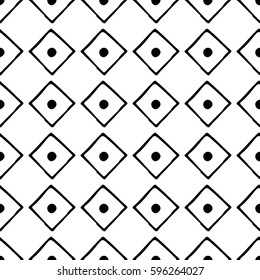 Seamless vector pattern. Black and white geometrical background with hand drawn decorative tribal elements. Print with ethnic, folk, traditional motifs. Graphic vector illustration.