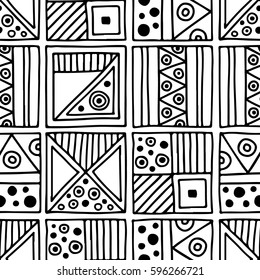 Seamless vector pattern. Black and white geometrical background with hand drawn decorative tribal elements. Print with ethnic, folk, traditional motifs. Graphic vector illustration.
