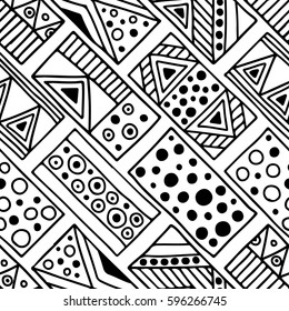 Seamless vector pattern. Black and white geometrical background with hand drawn decorative tribal elements. Print with ethnic, folk, traditional motifs. Graphic vector illustration.