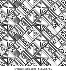 Seamless vector pattern. Black and white geometrical background with hand drawn decorative tribal elements. Print with ethnic, folk, traditional motifs. Graphic vector illustration.