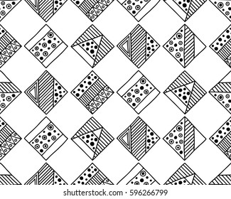 Seamless vector pattern. Black and white geometrical background with hand drawn decorative tribal elements. Print with ethnic, folk, traditional motifs. Graphic vector illustration.