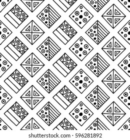 Seamless vector pattern. Black and white geometrical background with hand drawn decorative tribal elements. Print with ethnic, folk, traditional motifs. Graphic vector illustration.