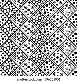 Seamless vector pattern. Black and white geometrical background with hand drawn decorative tribal elements. Print with ethnic, folk, traditional motifs. Graphic vector illustration.