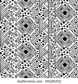 Seamless vector pattern. Black and white geometrical background with hand drawn decorative tribal elements. Print with ethnic, folk, traditional motifs. Graphic vector illustration.