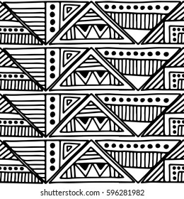 Seamless vector pattern. Black and white geometrical background with hand drawn decorative tribal elements. Print with ethnic, folk, traditional motifs. Graphic vector illustration.