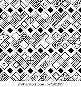 Seamless vector pattern. Black and white geometrical background with hand drawn decorative tribal elements. Print with ethnic, folk, traditional motifs. Graphic vector illustration.