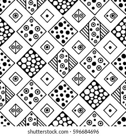 Seamless vector pattern. Black and white geometrical background with hand drawn decorative tribal elements. Print with ethnic, folk, traditional motifs. Graphic vector illustration.