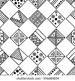 Seamless vector pattern. Black and white geometrical background with hand drawn decorative tribal elements. Print with ethnic, folk, traditional motifs. Graphic vector illustration.